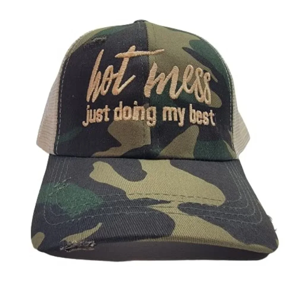 Hot Mess Just Doing My Best Women's Ponytail Cap Hat Camouflage Mesh Cotton